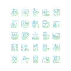 Online fitness apps possibilities gradient linear vector icons set. Health and wellness body state. Virtual training. Thin line contour symbols bundle. Isolated vector outline illustrations collection