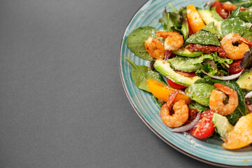 One plate of caesar salad with shrimp, diet salad, healthy diet for weight loss, space for text