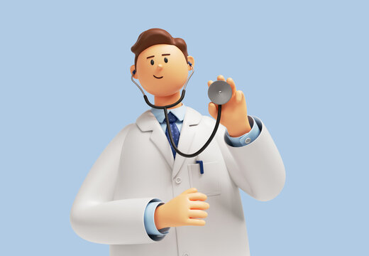 3d render. Doctor cartoon character wears white coat and holds stethoscope. Clip art isolated on blue background. Professional medical concept