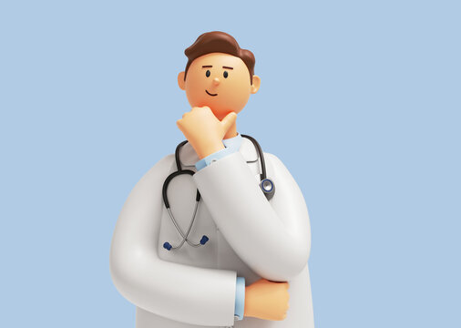 3d render. Doctor cartoon character wearing stethoscope, looking at camera and thinking. Clip art isolated on blue background. Professional consultation. Medical concept