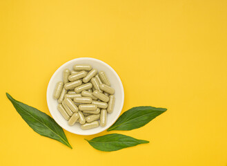 Andrographis paniculata capsules are in a white dish and green leaves are isolated on a yellow background. Space for text. Herbal, medicine, and healthcare concept