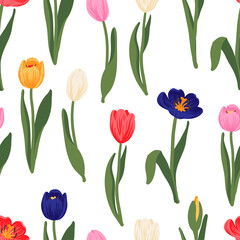 Obraz premium Seamless floral pattern red, yellow, purple, pink tulips and green leaves. Spring flowers background for wrapping, textile, wallpaper, scrapbook, Easter, Happy Mothers, Womens Day. Flat cartoon design