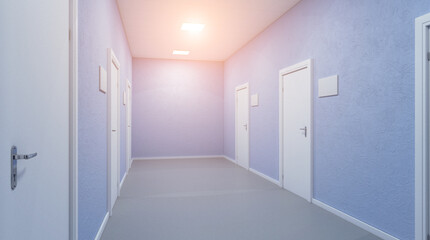 The Corridor in office building. 3D rendering. Sunset.