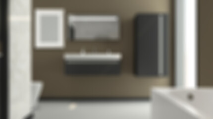 Unfocused, Blur phototography.  Spacious bathroom in gray tones with heated floors, freestanding
