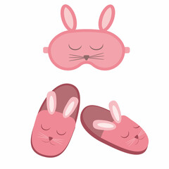 Set of home slippers and a mask for sleeping hares, color vector illustration