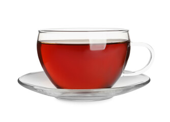 Glass cup of freshly brewed tea isolated on white