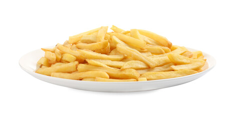 Yummy golden French fries on white background