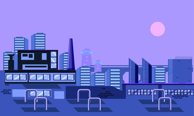 City industrial area in the night. Flat style vector illustration. Retro game background