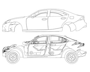 Machine outline disassembled into parts isolated on white background. Machine parts are separated from each other. Side view. Vector illustration