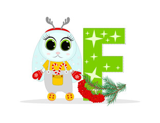 Cute Cartoon christmas rabbit with letter F with  pine twigs. Perfect for greeting cards, party invitations, posters, stickers, pin, scrapbooking, icons.