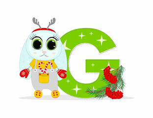 Cute Cartoon christmas rabbit with letter G with  pine twigs. Perfect for greeting cards, party invitations, posters, stickers, pin, scrapbooking, icons.