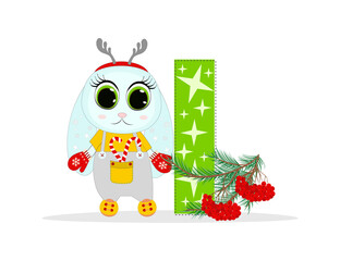 Cute Cartoon christmas rabbit with letter I with  pine twigs. Perfect for greeting cards, party invitations, posters, stickers, pin, scrapbooking, icons.
