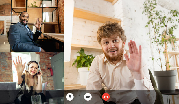 Greeting partners, colleagues. Team working by group video call share ideas brainstorming use video conference.