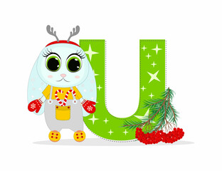 Cute Cartoon christmas rabbit with letter U with  pine twigs. Perfect for greeting cards, party invitations, posters, stickers, pin, scrapbooking, icons.