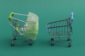 Mini supermarket trolleys with medical mask on green background. Shopping during the Covid-19...