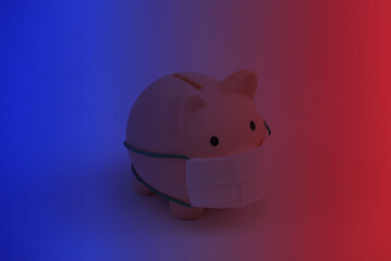 Piggy bank with medical mask in neon light. Economic disease. Financial crisis. Covid-19 pandemic