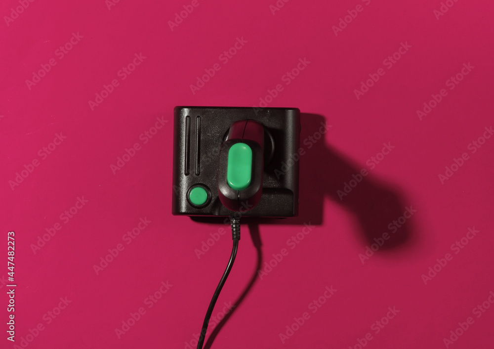 Poster retro joystick on a red background with a shadow. retro gaming. top view