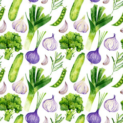 Watercolor vegetable pattern. Food illustration. Healthy life seamless background