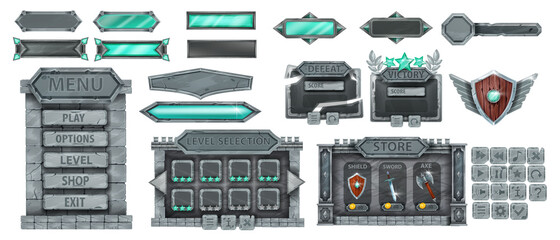 Stone fantasy game user interface set, vector UI medieval rock panel background, boulder frame, button. Ancient wooden RPG shield, sign board banner kit, winner badge award. Dark stone game assets © Oleksandra