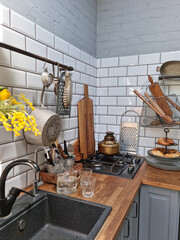 retro style kitchen in a country house. kitchen utensils. 