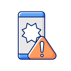Phone crashes RGB color icon. Smartphone and exclamation mark. Restarting and freezing mobile apps problem. Not responding device. Isolated vector illustration. Simple filled line drawing