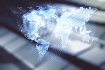 Multi exposure of abstract graphic world map hologram on shiny metal background, connection and...