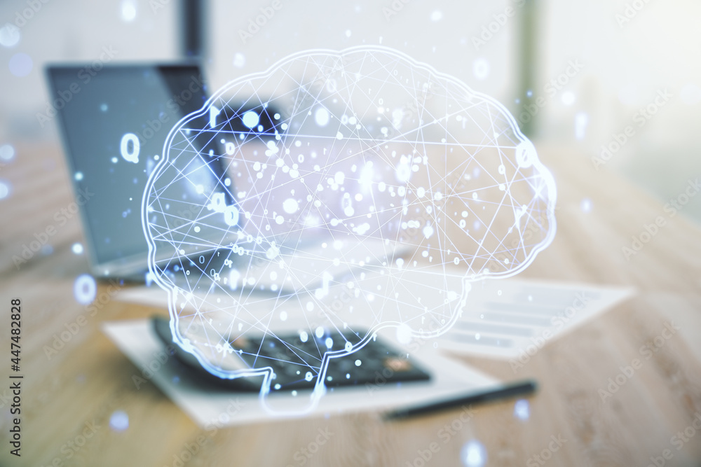 Poster virtual creative artificial intelligence hologram with human brain sketch on blurry calculator and c
