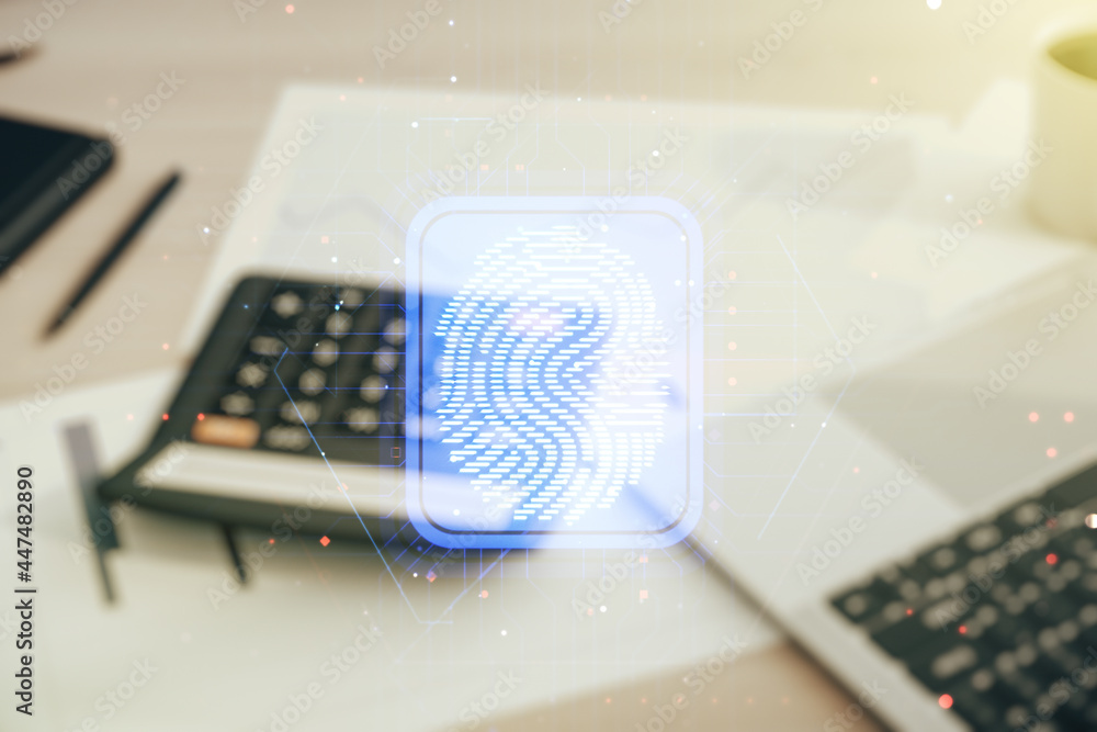 Aufkleber Multi exposure of virtual abstract fingerprint illustration on calculator and laptop background, digital access concept