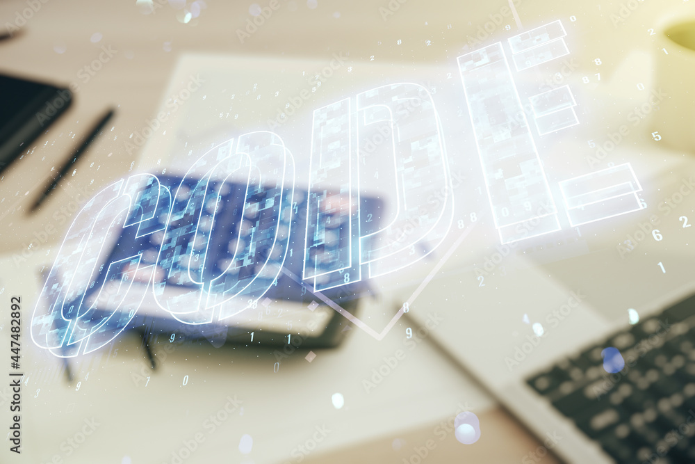 Poster code word hologram on blurry calculator with laptop background, artificial intelligence and neural n