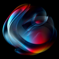 3d render of abstract art of surreal alien ball flower in spherical round wavy spiral smooth and soft biological lines forms in transparent plastic material in rainbow gradient color on black back