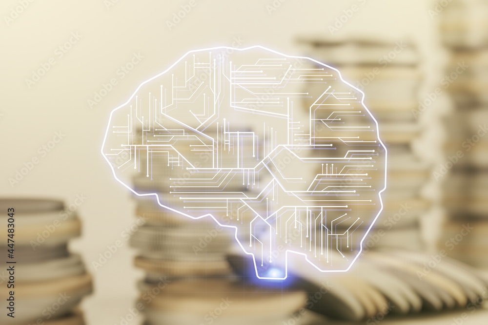 Poster double exposure of creative artificial intelligence interface on growing stacks of coins background.