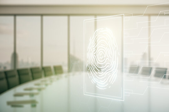 Multi exposure of virtual fingerprint scan interface on a modern furnished office interior background, digital access concept