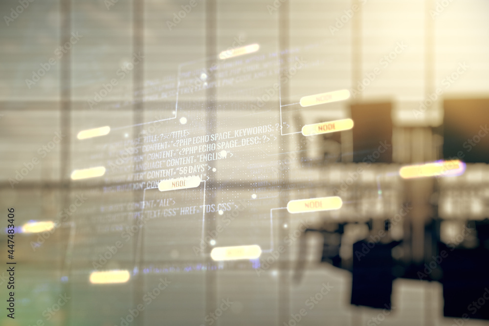 Poster abstract virtual coding concept on a modern conference room background. multiexposure