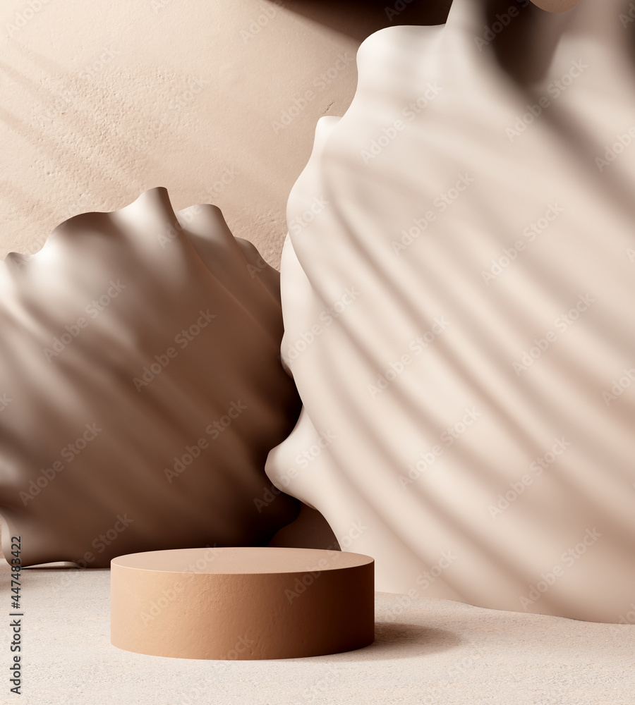 Aufkleber minimalistic abstract cloth shape round podium with light and shadow beige color 3d rendering backgr