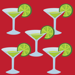 An alcoholic drink martini with lime juice, garnished with a lime wedge in a glass goblet. Vector stock illustration isolated on white background. Pattern