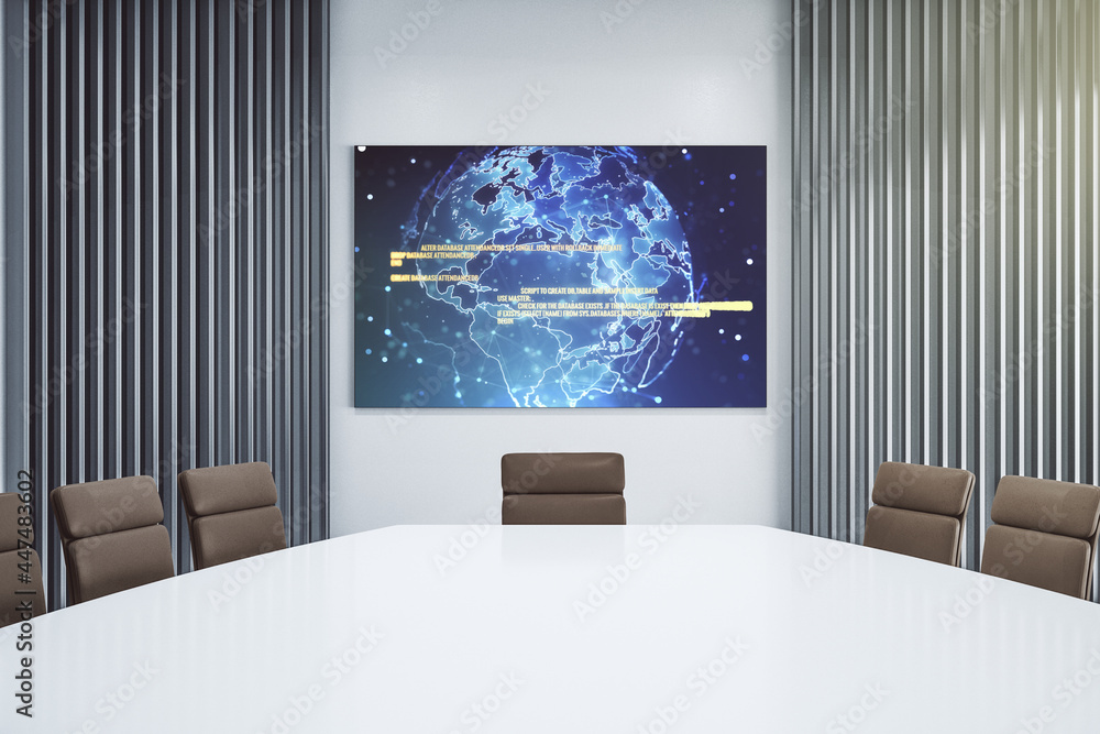 Poster abstract creative coding concept with world map on presentation screen in a modern conference room. 