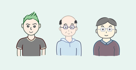 Obraz na płótnie Canvas Set of cute male half avatar in vector cartoon art illustration design