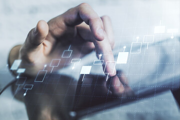 Multi exposure of abstract creative financial graph with finger presses on a digital tablet on background, forex and investment concept