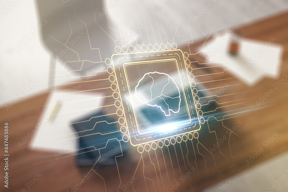 Poster double exposure of creative artificial intelligence symbol and modern desktop with laptop on backgro