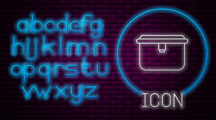 Glowing neon line Lunch box icon isolated on brick wall background. Neon light alphabet. Vector Illustration