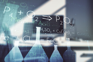 Creative chemistry concept and modern desktop with computer on background. Multiexposure