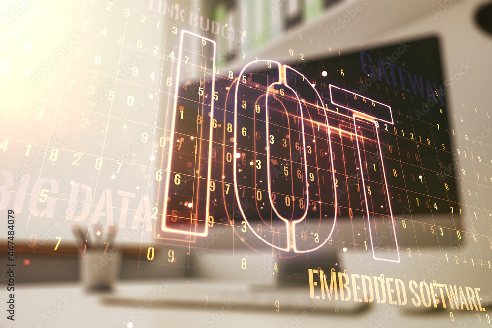 Poster creative iot hologram and modern desk with computer on background, internet of things concept. multi