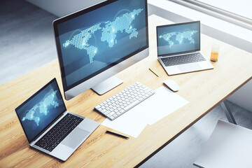 Fototapeta premium Abstract creative world map with connections on modern laptop screen, international trading concept. 3D Rendering