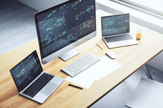 Creative scientific formula illustration on modern computer monitor, science and research concept. 3D Rendering