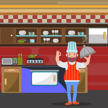 Cartoon design of cook standing happily in the restaurant.