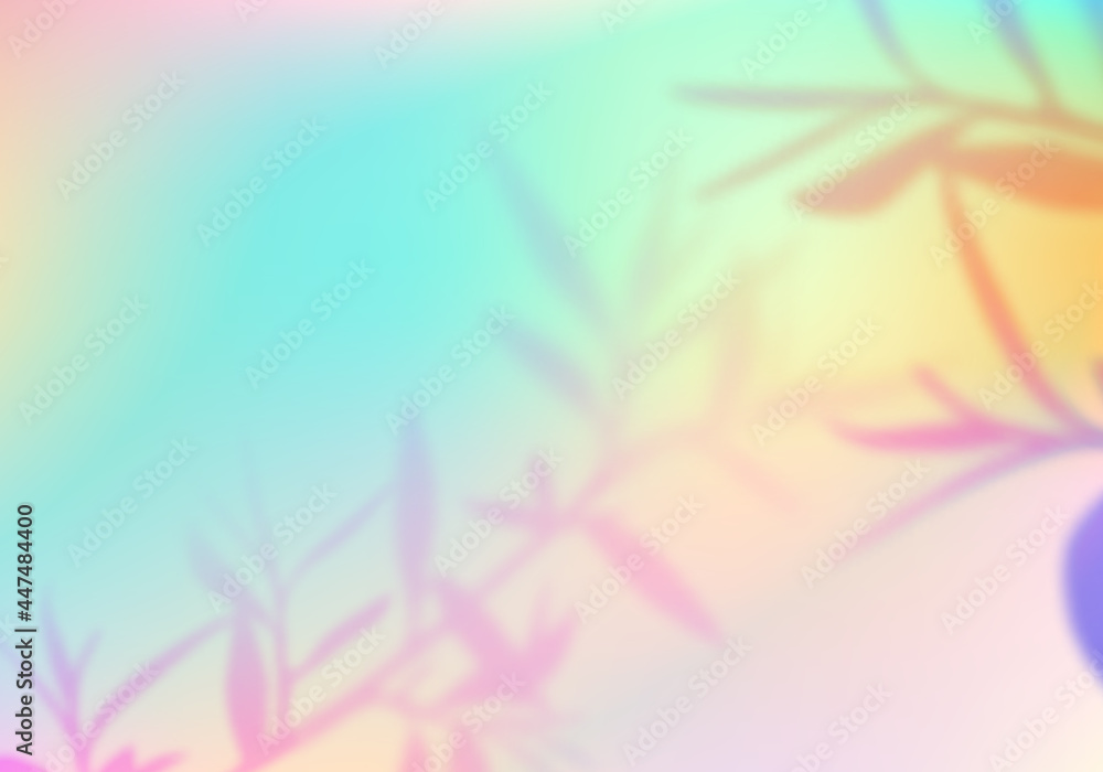 Poster pastel holographic gradient background with leaves. abstract bg with blurred tree leaves overlay