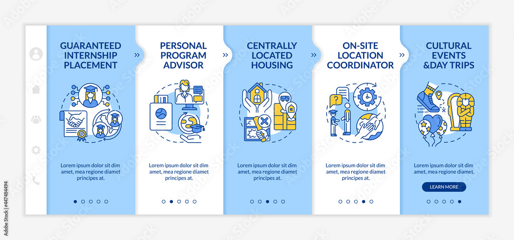 Poster internship program benefits onboarding vector template. responsive mobile website with icons. web pa