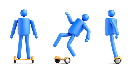 3d render, abstract simple human symbol with yellow hover board. Transport accident concept. Geometric blue man icon, clip art isolated on white background