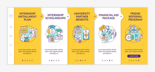 Internship programs financing options onboarding vector template. Responsive mobile website with icons. Web page walkthrough 5 step screens. Scholarships color concept with linear illustrations