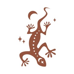 Magical lizard silhouette with moon, star in minimal boho style isolated on white background. Celestial vector flat illustration. Mystical design for tattoo, card, web stories